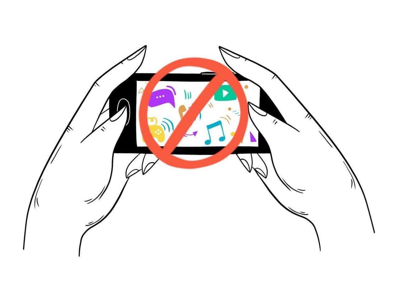 Drawing shows hands holding a mobile phone, with a superimposed lines blocking the view of the screen