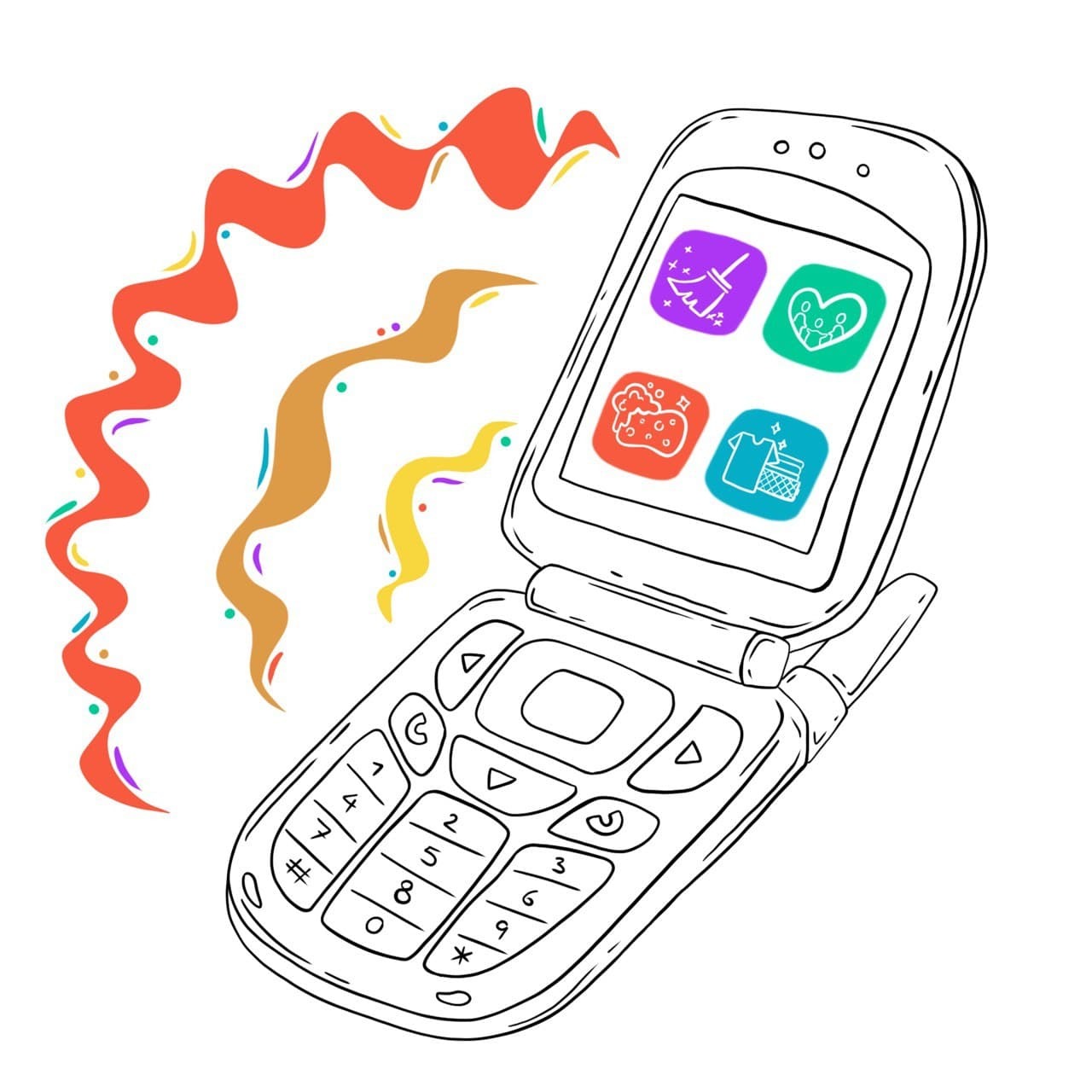 Drawing of an old-fashioned flip phone, with symbols on the screen suggesting health, household chores and family