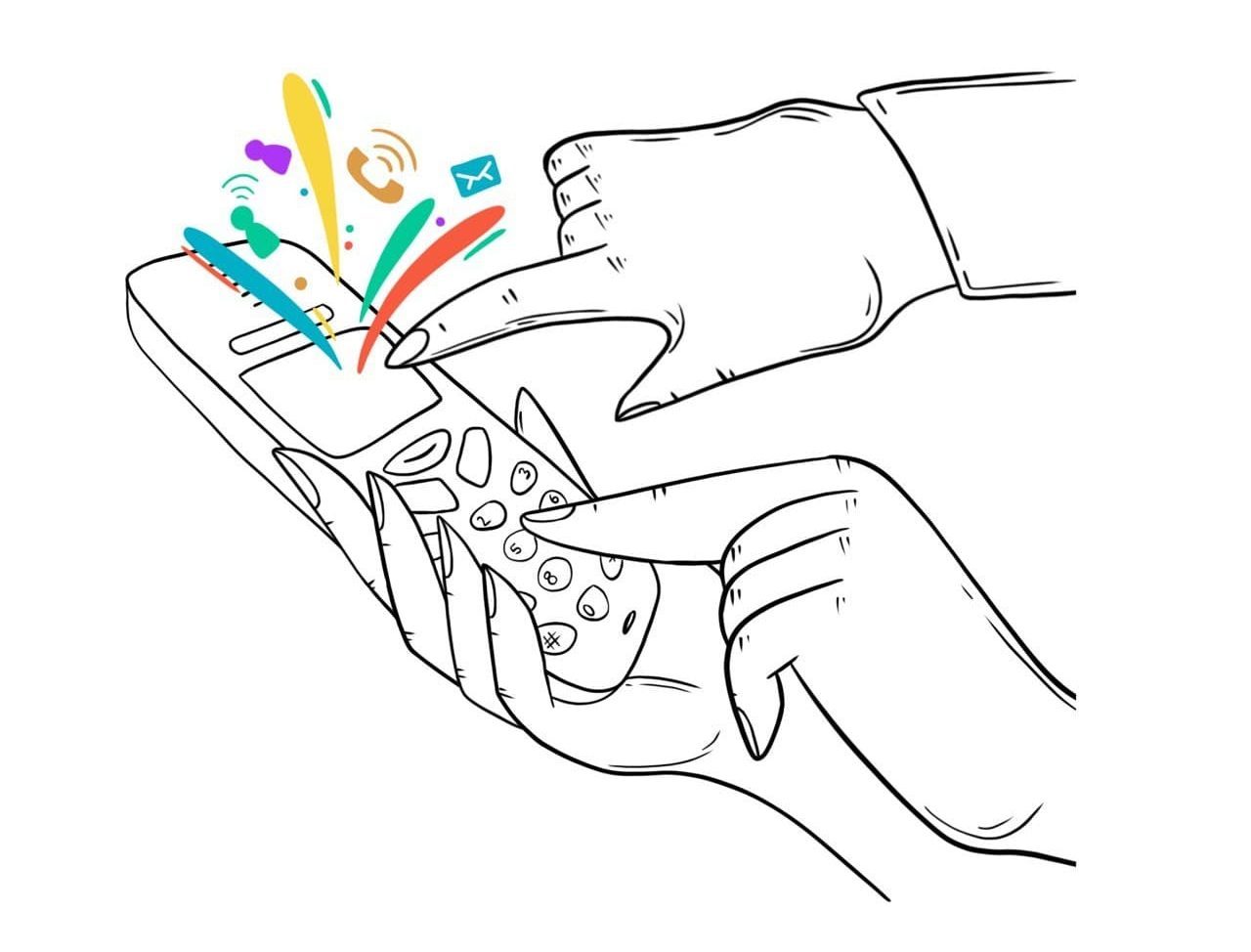 Drawing shows one hand holding a mobile phone, with another person's hand reaching into the picture to point something out on the screen
